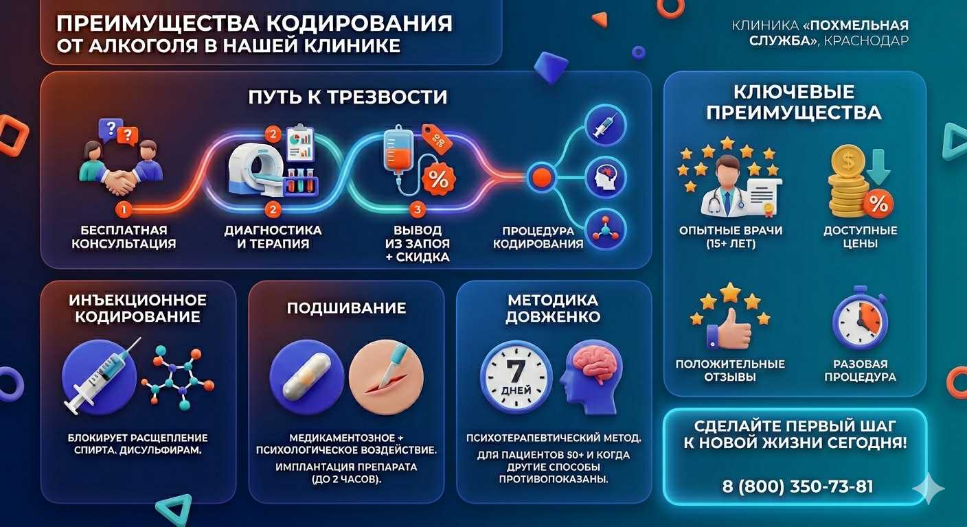 Инфографика о методах кодирования от алкоголя в Кантышево: инъекции, подшивание, метод Довженко. Преимущества клиники и этапы лечения.
