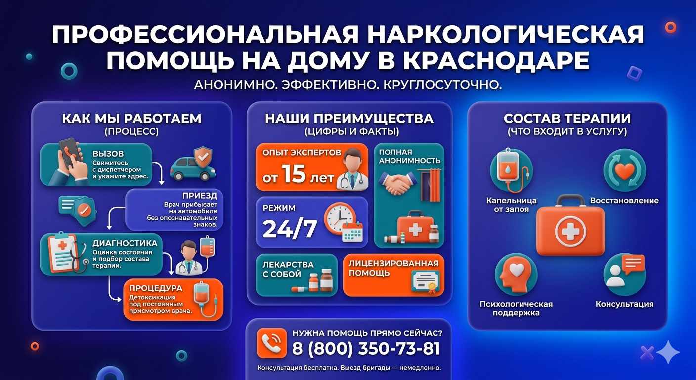 Инфографика о принципах лечения алкоголизма на дому в Кантышево: этапы вызова нарколога, преимущества анонимной детоксикации и состав медицинской помощи.